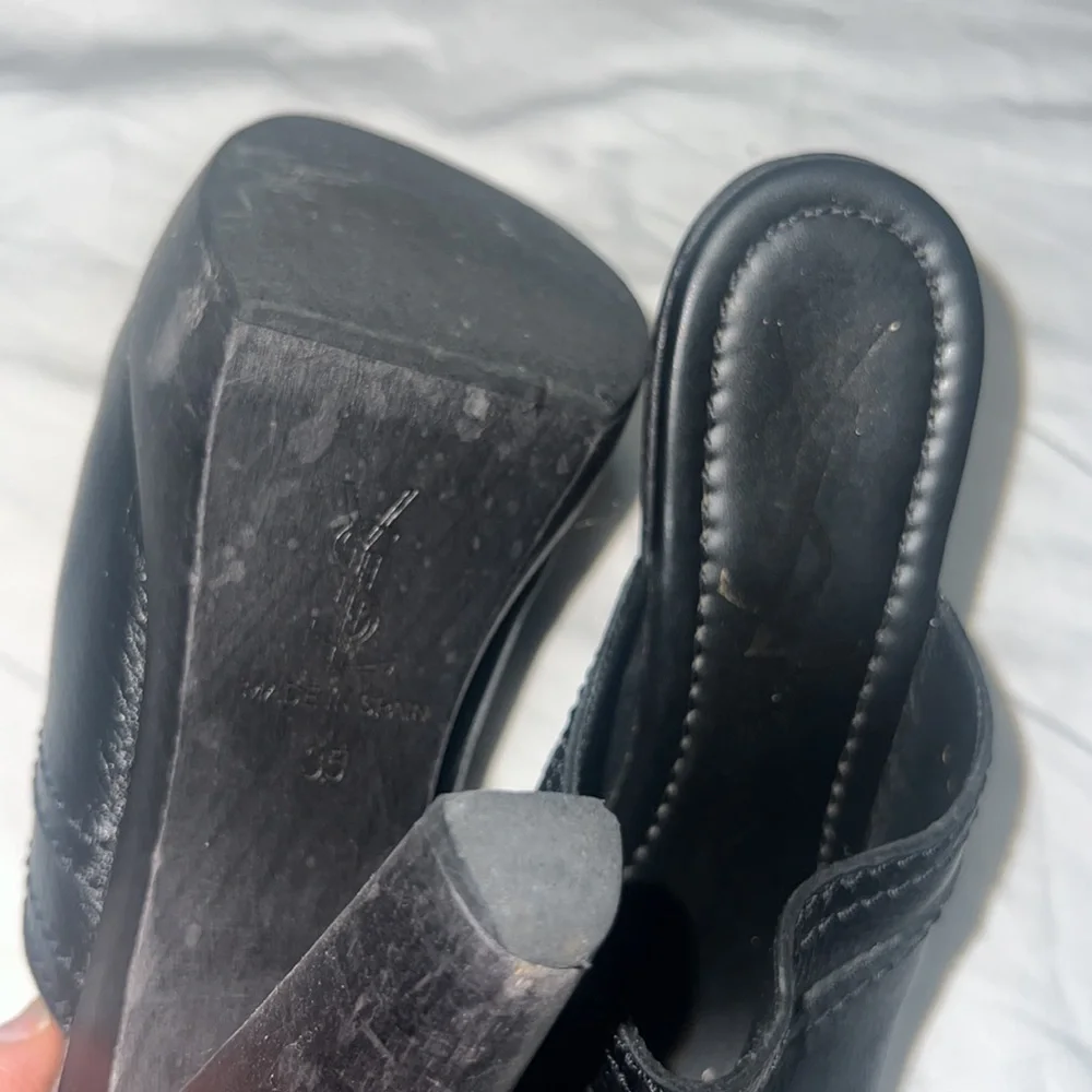 YSL Yves Saint Laurent Y2K Black Wooden Platform Block Heels, size 35